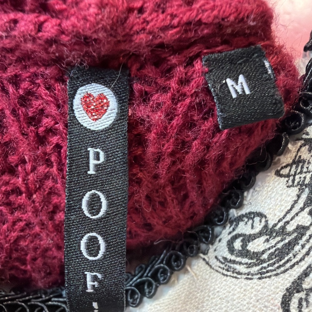 Poof! Burgundy Pointelle‎ Knit Hooded Duster Cardigan Womens Medium Open Front - Picture 5 of 6